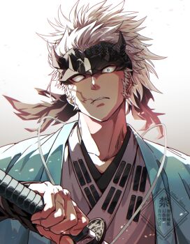 0nodera 1boy blue_eyes commentary_request fate/grand_order fate_(series) forehead_protector gradient_background grey_hair holding holding_sword holding_weapon japanese_clothes kimono long_sideburns looking_at_viewer male_focus nagakura_shinpachi_(fate) parted_lips scar scar_on_face short_hair sideburns single_blank_eye solo sword upper_body watermark weapon