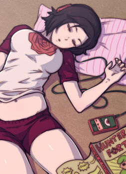1girl akairiot black_hair blush breasts mp3_player female_focus flower headphones ipod magazine_(object) navel open_mouth pillow raglan_sleeves rose ruby_rose rwby short_hair sleeping solo thighs underwear