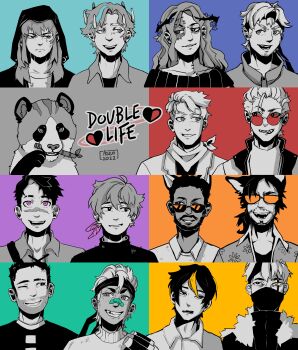 Rule 34 | 2girls, 6+boys, absolutely everyone, absurdres, alternate form, animal, animal ears, animification, artist name, bamboo, bandaid, bandaid on face, bandaid on nose, bdoubleo100, bdoubleo100 (boomer), bear, beard, bigbst4tz2, commentary, copyright logo, copyright name, crown of thorns, dark-skinned male, dark skin, dated, double life smp, english commentary, ethoslab, everyone, extra ears, facial hair, feather hair ornament, feathers, goodtimeswithscar, greyscale with colored background, grian (youtuber), grin, hair ornament, hawaiian shirt, headband, highres, hood, hood up, impulsesv, inthelittlewood, jellie (hermitcraft), logo, long hair, mask, medium hair, minecraft youtube, missing tooth, mouth mask, multicolored hair, multiple boys, multiple girls, neckerchief, official alternate costume, one eye closed, open mouth, panda, pearlescentmoon, ponytail, rendog, renfei, round eyewear, scar, scar across eye, scar on face, shirt, short hair, smajor1995, smallishbeans, smile, solidaritygaming, spot color, stitched face, stitches, streaked hair, sunglasses, sweater, tangotek, traffic life series, wolf boy, wolf ears, yogscast, zombiecleo