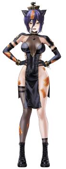 1girl absurdres animal_ears black_boots black_choker black_dress black_gloves blush boots breasts cat_ears chainsaw_man china_dress chinese_clothes choker dress elbow_gloves eruthu full_body gloves gold_trim green_eyes hands_on_own_hips hat highres jiangshi_costume medium_breasts ofuda ofuda_on_head ofuda_on_leg open_mouth pelvic_curtain qingdai_guanmao reze_(chainsaw_man) simple_background single_thighhigh solo standing thighhighs v-shaped_eyebrows white_background