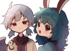 Rule 34 | 2girls, alternate hairstyle, animal ears, blue hair, bow, bowtie, braid, closed mouth, grey hair, hairstyle switch, kishin sagume, looking at viewer, low twintails, medium hair, multiple girls, open mouth, rabbit ears, red eyes, seiran (touhou), short twintails, signature, simple background, single wing, touhou, twintails, upper body, warabe (be-san), white background, wings