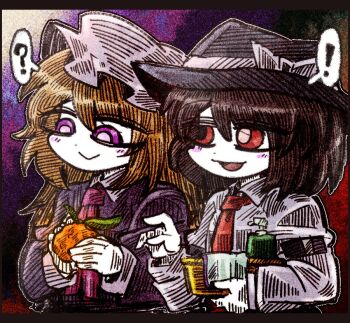 ! 2girls :&gt; :d ? arm_garter basket black_arm_garter black_hat blonde_hair blush blush_stickers bow breast_pocket brown_hair collar dress food fruit fruit_request hair_between_eyes hat hat_bow holding holding_basket holding_food holding_fruit long_dress long_hair long_sleeves maribel_hearn mob_cap multiple_girls necktie open_mouth pink_necktie pocket purple_dress purple_eyes red_eyes red_necktie shirt sleeve_cuffs smile suenari_(peace) touhou usami_renko white_bow white_collar white_hat white_shirt