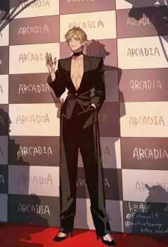 1girl black_choker black_jacket black_pants blonde_hair blue_eyes breasts choker collarbone copyright_request formal_clothes high_heels highres jacket no_bra ogata_tomio pants short_hair solo suit