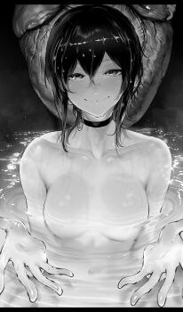 1girl absurdres black_choker black_hair breasts chainsaw_man choker closed_mouth completely_nude green_eyes hair_between_eyes hands_up heart heart_(organ) highres i&#039;ll_teach_you_everything_(chainsaw_man) looking_at_viewer monochrome night niwarhythm no_nipples nude partially_submerged pool reze_(chainsaw_man) skinny_dipping small_breasts smile solo speech_bubble spoken_heart water water_drop wet wet_hair