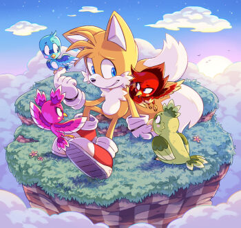 bird blonde_hair blue_eyes child flicky_(character) fox gloves heilos highres multiple_tails sega shoes sitting sky socks sonic_(series) sonic_3d:_flickies'_island sonic_3d_blast sonic_the_hedgehog_(classic) tail tails_(sonic) two_tails yellow_fur