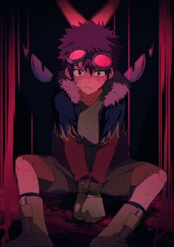 1boy absurdres blue_jacket brown_hair brown_shorts digimon digimon_adventure_02 goggles goggles_on_head highres jacket male_focus motomiya_daisuke red_jacket shorts sitting solo_focus yuu_(pixiv3042074)