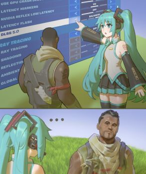 ... 1boy 1girl :o absurdres aqua_eyes aqua_hair aqua_necktie armband bare_shoulders black_hair black_sleeves blue_sky charlie_kirk commando_spitfire_(fortnite) commentary dark-skinned_male dark_skin dlss5_(meme) english_commentary english_text facial_hair fortnite goatee grass green_shirt grey_shirt hatsune_miku headphones heads-up_display headset highres hill kirkification_(meme) long_hair meme necktie number_tattoo outdoors outstretched_arm pacpoi red_armband scarf shirt sky sleeveless sleeveless_shirt standing tattoo twintails user_interface very_long_hair vocaloid wing_collar yellow_scarf