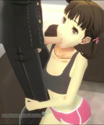 1boy 1girl 3d animated brown_eyes brown_hair cafe-anteiku cousins crop_top dolphin_shorts doujima_nanako fellatio hetero holding_another's_leg incest kneeling loli narukami_yu oral persona persona_4 school_uniform shirt shorts sitting sleeveless sleeveless_shirt sound twintails uncensored video