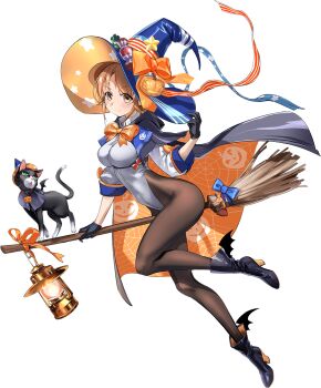 1girl bat_wings black_boots black_cape black_gloves black_pantyhose blue_hat boots bow breasts broom broom_riding brown_eyes brown_hair cape cat gloves grey_leotard halloween_costume hat jack-o&#039;-lantern_print jacket kantai_collection lantern leotard looking_at_viewer medium_breasts official_art orange_bow pantyhose ribbon richard_p._leary_(halloween)_(kancolle) richard_p._leary_(kancolle) short_hair third-party_source transparent_background two-sided_cape two-sided_fabric white_jacket wings witch_hat zeco