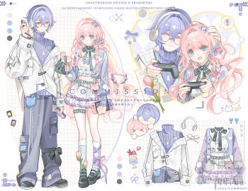 1boy 1girl :d ^_^ black_shoes blue_eyes blue_hair closed_eyes closed_mouth commission full_body glasses grey_pants headphones jewelry long_hair long_sleeves multiple_views necklace open_mouth original pants pink_hair purple_sweater ribbed_sweater shirt shoes short_hair skirt smile socks standing sweater turtleneck turtleneck_sweater white_background white_shirt white_skirt white_socks xun_xun_xiaolongbao yellow_eyes
