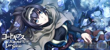 1girl black_gloves black_hair blue_eyes brown_cape cape closed_mouth code_geass code_geass:_lost_stories commentary_request f4samurai gloves highres knightmare_frame long_hair looking_at_viewer maya_disel mecha official_art pendulum_(code_geass) ponytail robot solo
