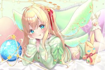 Rule 34 | 1girl, blonde hair, blue eyes, character request, commentary request, commission, green hoodie, green shorts, green wings, hair ribbon, halo, hands on own cheeks, hands on own face, highres, hood, hoodie, lele1e0v0, long hair, long sleeves, looking at viewer, lying, midriff, multicolored eyes, on stomach, original, red ribbon, ribbon, shorts, socks, solo, staff, stuffed animal, stuffed rabbit, stuffed toy, tongue, white socks, wings