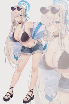 1girl alternate_costume asuna_(blue_archive) bikini black_bikini black_choker blonde_hair blue_archive blue_eyes blue_halo blue_nails bracelet breasts choker collarbone commentary commission denim denim_shorts eyewear_on_head feet full_body grin hair_over_one_eye hair_ribbon halo hand_on_own_hip hashtag-only_commentary highres jacket jewelry large_breasts leaning_forward legs long_hair nail_polish nakano_kura navel open_fly pixiv_commission ribbon sandals shorts simple_background smile solo stomach swimsuit thighs toenail_polish toenails toes very_long_hair white_background white_jacket zoom_layer