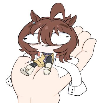 1girl 1other agnes_tachyon_(tach-nology)_(umamusume) agnes_tachyon_(umamusume) ahoge animal_ears black_necktie black_pantyhose black_shirt cartoonized chigyudoomer coat collared_shirt commentary english_commentary full_body highres horse_ears horse_girl horse_tail lab_coat long_sleeves necktie open_mouth pantyhose shirt short_hair simple_background smile solo_focus sweater tail toon_(style) umamusume white_background white_coat yellow_sweater