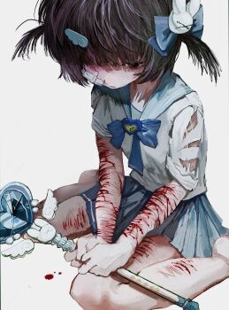 1girl aegyo_sal bandage_on_face bandages barefoot black_eyes bleeding blood blood_on_arm blue_sailor_collar blue_skirt bow chest_bow commentary_request cuts exhausted full_body hair_bow head_down highres holding holding_staff injury kadimamibak nosebleed original sailor_collar school_uniform self-harm serafuku shirt short_twintails sitting skirt solo staff thigh_cutting torn_clothes torn_shirt twintails wariza wrist_cutting