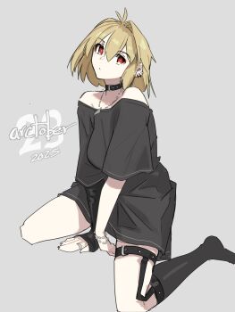 1girl absurdres antenna_hair arcueid_brunestud arm_warmers bare_shoulders black_arm_warmers black_shirt blonde_hair bracelet breasts choker commentary dated ear_piercing english_commentary highres index_ring jewelry jonyeld kneehighs large_breasts long_shirt looking_at_viewer loose_clothes loose_shirt necklace no_pants off-shoulder_shirt off_shoulder oversized_clothes oversized_shirt piercing punk red_eyes shirt short_hair silver_bracelet silver_necklace silver_ring single_arm_warmer socks solo studded_choker studded_thigh_strap t-shirt thigh_strap tsukihime