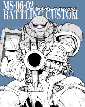 aiming aiming_at_viewer bazooka_(gundam) glowing glowing_eye gundam gundam_gquuuuuux highres mecha mecha_focus mobile_suit monochrome no_humans one-eyed robot takuma_tomomasa zaku_ii