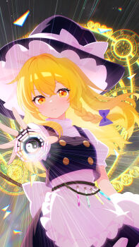 Rule 34 | 1girl, absurdres, apron, bagua, black hat, black skirt, black vest, blonde hair, bow, braid, casting spell, chinese commentary, commentary, cowboy shot, hair bow, hat, highres, kirisame marisa, looking at viewer, mini-hakkero, potion, purple bow, qing zhanglao, shirt, side braid, skirt, solo, touhou, trigram, vest, white apron, white shirt, witch hat, yellow eyes, yin yang