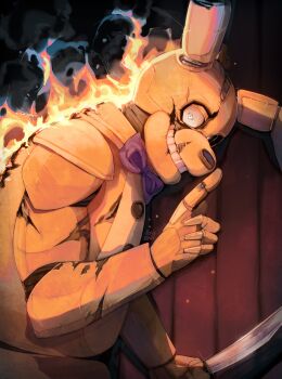 1boy animal_ears animatronic artist_name bow bowtie burning commentary crazy_eyes crazy_grin english_commentary finger_to_mouth fire five_nights_at_freddy's five_nights_at_freddy's_(2023_movie) grin hand_up highres holding holding_knife index_finger_raised knife looking_at_viewer looking_to_the_side male_focus purple_bow purple_bowtie rabbit_ears rorokonaa shushing smile solo spring_bonnie_(fnaf) teeth wide-eyed