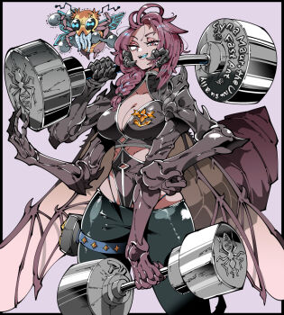 1girl bag black_border blue_eyes border braid breasts cleavage cowboy_shot dark-skinned_female dark_skin exercising hand_up kafun long_hair looking_at_viewer monster_girl multicolored_eyes open_mouth original purple_background purple_hair red_eyes satchel sharp_teeth simple_background solo teeth thigh_strap weightlifting weights