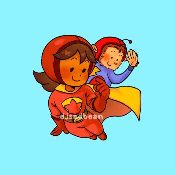 1girl aqua_background becky_botsford blue_shirt blush bob_botsford bodysuit boots brown_hair cape captain_huggy_face child closed_mouth commentary dark-skinned_female dark_skin djsadbean english_commentary flat_chest flipped_hair flying full_body gloves happy heart helmet highres long_hair long_sleeves monkey red_bodysuit red_boots red_gloves red_helmet shirt smile solid_oval_eyes star_(symbol) star_print superhero_costume wordgirl_(character) wordgirl_(series) yellow_cape