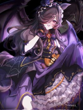 1girl akaakasa0215 animal_ears bat_wings black_gloves blush bow clothes_lift gloves hair_over_one_eye hairband hand_on_own_face highres horse_ears horse_girl lolita_hairband long_hair looking_at_viewer official_alternate_costume parted_lips purple_bow purple_hairband purple_skirt rice_shower_(make_up_vampire!)_(umamusume) rice_shower_(umamusume) shirt short_sleeves skirt skirt_lift smile solo umamusume white_shirt wings zoom_layer