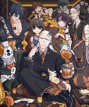 Rule 34 | 3girls, 5boys, absurdres, alcohol, animal ears, bald, barcode, barcode tattoo, black eyes, black hair, black necktie, bow, bowtie, brown hair, bullet, card, chest tattoo, chinese commentary, cigar, commentary request, crossed arms, cup, dobermann, dog, drinking glass, ear piercing, facial hair, forehead tattoo, frown, ghost, green eyes, grey hair, grin, gun, hair ornament, hairclip, heterochromia, highres, holding, holding card, holding sword, holding weapon, horns, iceball, magazine (weapon), multiple boys, multiple girls, mustache, necktie, orange bow, orange bowtie, original, piercing, playing card, red eyes, scar, scar across eye, scar on face, shot glass, sitting, smile, sword, tattoo, user hkzs4284, weapon, white hair