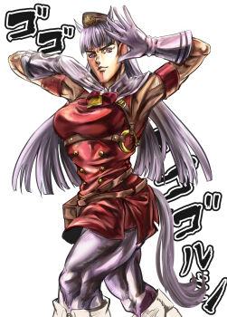 1girl animal_ears armpits breasts gloves gold_ship_(umamusume) hat headphones higashikata_josuke jojo_no_kimyou_na_bouken jojo_pose large_breasts lips long_hair muscular muscular_female purple_eyes smile tail translation_request umamusume white_background white_hair yuttarou_029