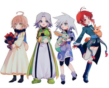 4boys absurdres ahoge bienfu_(tales) black_hat black_shirt blonde_hair blue_boots blue_eyes blue_jacket blue_shorts blush boots clothing_cutout coat creature dio_(tales) full_body genius_sage green_coat green_eyes green_shoes grey_hair hair_between_eyes hat hat_ribbon highres holding holding_creature in-franchise_crossover jacket knee_boots kururu_(tales) laphicet_(tales) long_sleeves looking_at_another looking_at_viewer lying male_focus mao_(tales) multiple_boys nancykittyu noishe normin_(tales) open_mouth pants red_eyes red_hair red_ribbon ribbon shirt shoes short_hair short_sleeves shorts shoulder_cutout simple_background smile spiked_hair standing standing_on_one_leg tales_of_(series) tales_of_berseria tales_of_phantasia tales_of_phantasia:_narikiri_dungeon tales_of_rebirth tales_of_symphonia thighhighs top_hat turtleneck turtleneck_shirt white_background white_hair white_pants white_thighhighs zapie