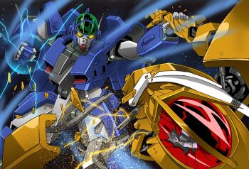 aoki_ryuusei_spt_layzner clenched_hand damaged electricity fighting glowing glowing_eyes glowing_hand layzner mecha no_humans platin_(alios) robot space yellow_eyes zakaal