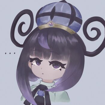 ... 1girl banacha877 black_hair blunt_bangs bob_cut coat eyelashes gradient_hair gwynn_(pokemon) hat highres looking_at_viewer mega_stone multicolored_hair nintendo parted_lips pokemon pokemon_legends:_z-a purple_background purple_eyes purple_hair purple_hat short_hair solo upper_body white_coat
