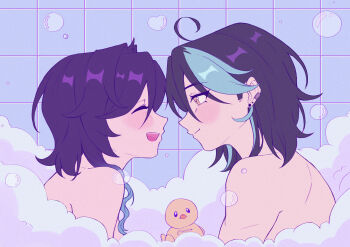 2boys absurdres anggeese aqua_hair bath bathroom black_hair blue_hair blush closed_eyes closed_mouth commentary earrings english_commentary genshin_impact gradient_hair highres jewelry long_hair male_focus multicolored_hair multiple_boys open_mouth rubber_duck same-sex_bathing shared_bathing smile soap_bubbles streaked_hair topless_male venti_(genshin_impact) xiao_(genshin_impact) yaoi yellow_eyes