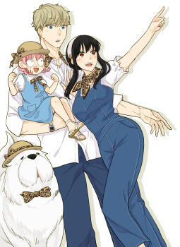 1boy 2girls :d :o adoptive_parent_and_adoptive_child animal animal_print anya_(spy_x_family) black_hair blonde_hair blue_dress blue_eyes blue_overalls blue_pants bond_(spy_x_family) bow bowtie breasts brown_hat brown_sandals carrying child child_carry clothed_animal commentary_request dog dress dress_shirt family father_and_daughter feet_out_of_frame great_pyrenees hat hat_bow highres husband_and_wife leopard_print long_hair looking_at_another medium_breasts mother_and_daughter multiple_girls open_mouth overalls pants pinafore_dress pink_hair pointing print_bow print_bowtie red_eyes sandals shirt short_hair_with_long_locks simple_background sleeveless sleeveless_dress smile spy_x_family standing sunbo_zatta teeth three-quarter_sleeves twilight_(spy_x_family) upper_teeth_only very_long_hair watch white_background white_shirt wristwatch yor_briar