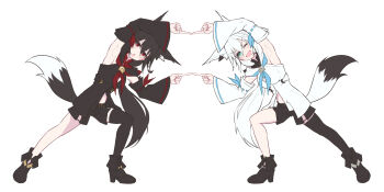 Rule 34 | 2girls, ;d, animal ear fluff, animal ears, ankle boots, black boots, black hair, black shorts, black sleeves, black thighhighs, black vest, blue eyes, blue neckerchief, blush, boots, braid, commentary request, dark persona, detached sleeves, double-parted bangs, dragon ball, dragonball z, eihire, fold-over boots, fox ears, fox girl, fox tail, front slit, full body, fusion dance, hair between eyes, highres, hololive, hood, hooded vest, hoodie, index fingers raised, kurokami fubuki, leaning to the side, long hair, low ponytail, multiple girls, neckerchief, one eye closed, open mouth, ponytail, red eyes, red neckerchief, shirakami fubuki, shirakami fubuki (1st costume), short shorts, shorts, side braid, side slit, side slit shorts, simple background, single thighhigh, smile, strapless, tail, thighhighs, traditional media, vest, virtual youtuber, white background, white hair, white sleeves, white vest, wide sleeves