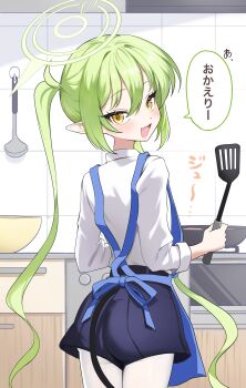 1girl absurdres apron ass blue_archive blush cooking demon_tail fang frying_pan green_hair green_halo halo highres holding holding_spatula kitchen long_hair long_sleeves looking_at_viewer mixing_bowl nozomi_(blue_archive) open_mouth pantyhose pineap000 pointy_ears shirt skin_fang smile solo spatula stove tail translated twintails white_pantyhose white_shirt yellow_eyes