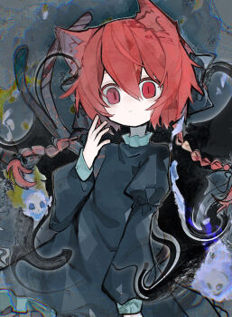 1girl absurdres animal_ears black_dress braid cat_ears cat_girl cat_tail closed_mouth dress hair_between_eyes highres juliet_sleeves kaenbyou_rin long_hair long_sleeves looking_at_viewer multiple_tails puffy_sleeves red_eyes side_braids skull solo soresaki tail touhou twin_braids two_tails