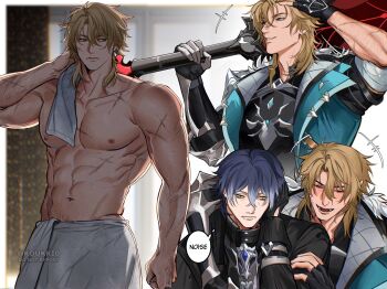 2boys abs blonde_hair blue_eyes blue_hair closed_mouth colored_tips cross_scar facial_scar flins_(genshin_impact) genshin_impact gradient_hair highres male_focus multicolored_hair multiple_boys multiple_scars multiple_views muscular muscular_male nipples over_shoulder pectorals scar scar_on_arm scar_on_cheek scar_on_face scar_on_neck scar_on_shoulder twitter_username two-tone_hair varka_(genshin_impact) veins veiny_arms weapon weapon_over_shoulder white_hair yellow_eyes yukaero4