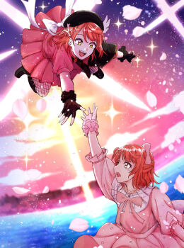 2girls absurdres beret black_boots black_gloves black_hat boots bow commentary_request coral_hair_ornament dream_with_you_(love_live!) dress dual_persona fingerless_gloves fishnet_pantyhose fishnets frilled_dress frilled_gloves frills gloves hair_bow hair_ornament half_updo hat highres looking_at_another love_live! love_live!_nijigasaki_high_school_idol_club love_live!_nijigasaki_high_school_idol_club_the_movie_-_finale medium_hair multiple_girls official_alternate_costume orange_hair outdoors pantyhose pink_bow pink_dress pink_shirt pink_skirt pink_sky puffy_short_sleeves puffy_sleeves reaching reaching_towards_another shirt short_sleeves skirt skirt_set sky stellar_stream_(love_live!) typeakiha73 uehara_ayumu yellow_eyes