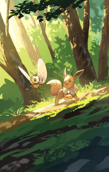 brown_eyes brown_fur day eevee forest gen_1_pokemon gen_7_pokemon grass highres nature nintendo no_humans open_mouth outdoors pokemon pokemon_(creature) ribombee tree two-tone_fur yamaori_(hakkentai_pokedan)