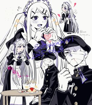 Rule 34 | ..., alternate costume, apron, atyakodayo1, bandaged head, bandages, black dress, black jacket, black pants, bleeding, blood, blood from mouth, chabudai, chibi, chibi inset, clenched hand, collared dress, colored tongue, commentary request, covered face, dated, drawn halo, drawn wings, dress, enmaided, fang, flying sweatdrops, food, gakuseibou, geminism, gloves, grey hair, halo, hand up, hat, heart, heart hands, heart in heart hands, highres, hirosoma kikyou, jacket, juliet sleeves, ketchup bottle, long dress, long hair, long sleeves, maid, maid apron, moe moe kyun!, multiple views, neck ribbon, omelet, omurice, one eye covered, open mouth, pants, parted lips, puffy sleeves, purple eyes, purple ribbon, purple tongue, ribbon, seiza, serious, sitting, sleeve cuffs, smile, sparkle, spoken ellipsis, swept bangs, table, translation request, twitter username, two side up, v-shaped eyebrows, white gloves, yamaga awasumi