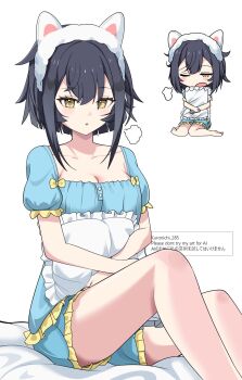 1girl amber_(pajamas)_(stella_sora) amber_(stella_sora) animal_ear_hairband animal_ears black_hair blue_shirt blue_shorts breasts cat_ear_hairband cat_ears cleavage commentary double-parted_bangs fake_animal_ears feet_out_of_frame frilled_pillow frilled_shirt frilled_shorts frilled_skirt frills fur_hairband hairband highres kuronichi285 looking_at_viewer medium_breasts multiple_views official_alternate_costume on_bed one_eye_closed open_mouth parted_lips pillow puff_of_air shirt short_hair short_sleeves shorts sidelocks sitting skirt stella_sora yellow_eyes