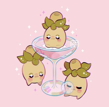 +_+ blush_stickers bubble closed_eyes commentary cup glass in_container in_cup leaphere nintendo no_humans open_mouth pink_background pokemon pokemon_(creature) sleeping smoliv sparkle star_(symbol) watermark wavy_mouth