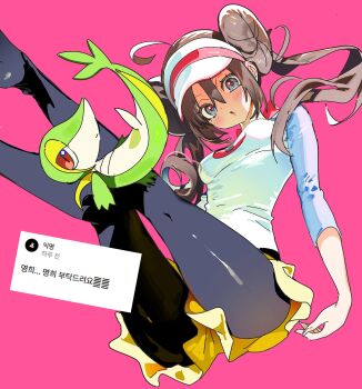 1girl 5oh5s2 absurdres ahoge black_pantyhose blue_eyes blush breasts brown_hair closed_mouth donut_hair_bun double_bun gen_5_pokemon hair_bun hat highres long_hair looking_at_viewer medium_breasts nintendo open_mouth pantyhose pantyhose_under_shorts parted_lips pokemon pokemon_(creature) pokemon_bw2 ponytail raglan_sleeves red_eyes rosa_(pokemon) shirt shorts simple_background snivy tail twintails visor_cap yellow_shorts