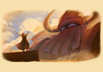 2boys arms_up bird blue_sky border cloak cloud coat day emet_(one_piece) facing_another facing_away fading_border flashback flock from_behind full_body glowing glowing_eyes hat highres horns joy_boy_(one_piece) male_focus mecha multiple_boys one_piece open_hands outdoors outstretched_arms robot scene_reference size_difference sky standing straw_hat sunlight sunset tissine twitter_username yellow_border