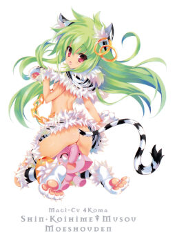 1girl absurdres animal_ears ass bottomless cat_ears cat_tail censored convenient_censoring earrings elephant fang flat_chest from_behind green_hair highres jewelry kneeling koihime_musou loli long_hair looking_back moukaku_(koihime_musou) red_eyes sexually_suggestive tail youta