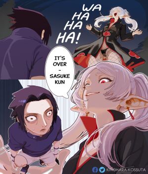 1boy 1girl alternate_costume artist_name bad_sasuke_drawing_(meme) black_hair corruption crossover earrings elf english_text evil_laugh evil_smile femdom fishnets floating floating_hair frieren holding holding_weapon jewelry kinohara_kossuta kunai laughing looking_down mangekyou_sharingan meme naruto_(series) night on_one_knee panties pointy_ears pun red_eyes revealing_clothes sharingan smile speech_bubble sweat thong trait_connection twintails uchiha_sasuke underwear upward_angle_frieren_drawing_(meme) weapon white_hair