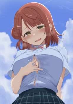 1girl absurdres blue_shirt blue_sky blush breasts button_gap cloud commentary_request day hair_bun heavy_breathing highres large_breasts looking_at_viewer love_live! love_live!_nijigasaki_high_school_idol_club midocchi outdoors paid_reward_available red_hair revision shirt short_hair short_sleeves single_hair_bun sky solo uehara_ayumu yellow_eyes