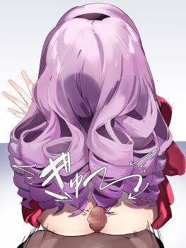 1boy 1girl absurdres ass black_headband buttjob censored commentary_request dress drill_hair facing_viewer hand_up headband highres hyakumantenbara_salome hyakumantenbara_salome_(1st_costume) long_hair mosaic_censoring nijisanji purple_hair red_dress tsushi virtual_youtuber