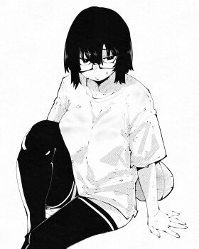 1girl absurdres arm_support commentary english_commentary exhausted glasses greyscale hair_between_eyes highres knee_up looking_at_viewer miregeist monochrome original parted_lips shirt short_hair short_sleeves simple_background solo sweat thighhighs white_background