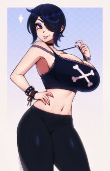 1girl armpits bare_shoulders black_choker black_pants blue_eyeshadow bone_print bracelet breasts choker cleavage cowboy_shot crop_top eyeshadow from_side hair_over_one_eye hand_on_own_hip highres jewelry large_breasts looking_at_viewer makeup mole mole_under_eye nail_polish navel original pants purple_hair red_eyes short_hair smile solo stomach strap_pull strap_slip studded_bracelet the_scarlet_devil thick_thighs thighs tight_clothes tight_pants tongue tongue_out top_pull vivienne_(the_scarlet_devil) yoga_pants